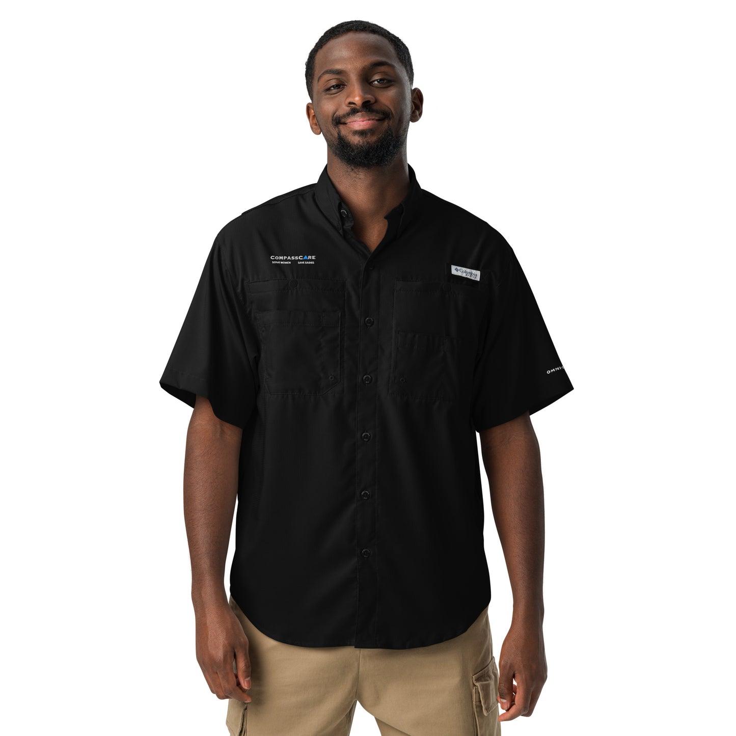 CompassCare Men’s Columbia short sleeve "Fishing" shirt - White Embroidered logo