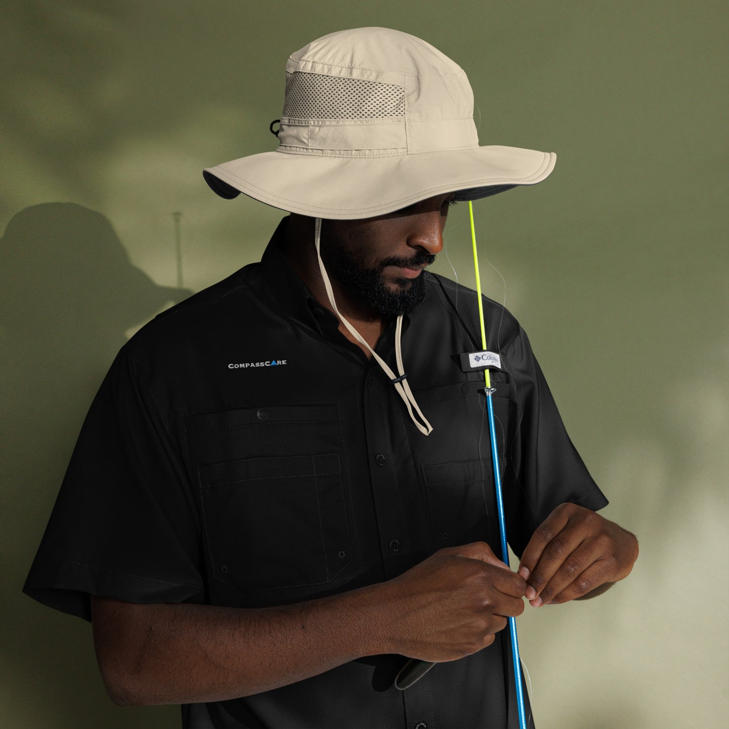 CompassCare Men’s Columbia short sleeve "Fishing" shirt - White Embroidered logo.