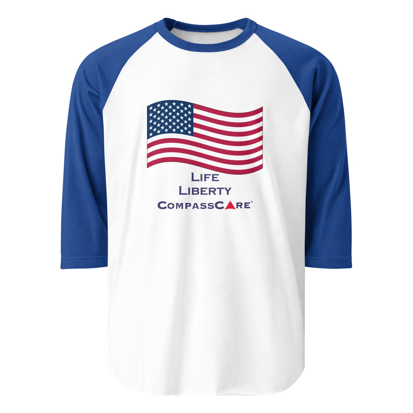 Celebrate America and CompassCare in this 3/4 sleeve raglan shirt