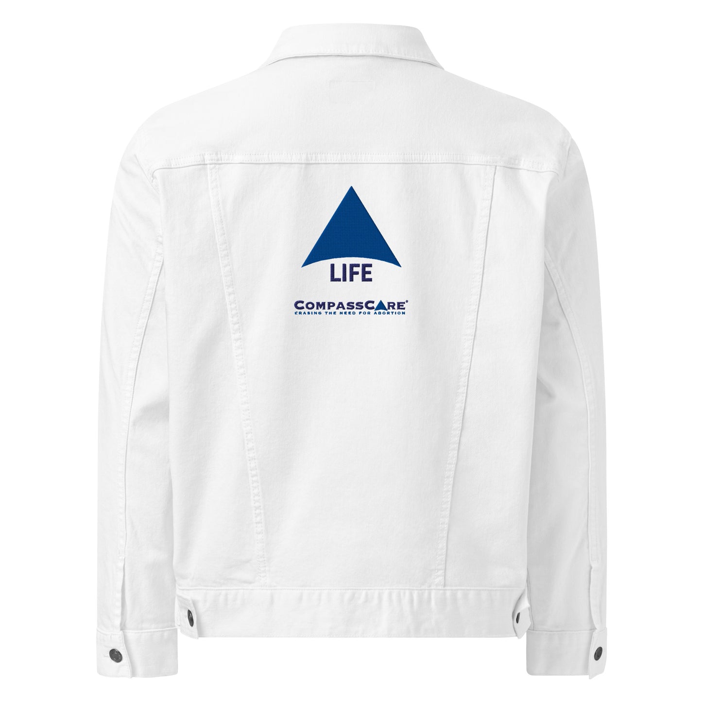 Pro-Life Unisex White Denim Jacket with CompassCare Logo.