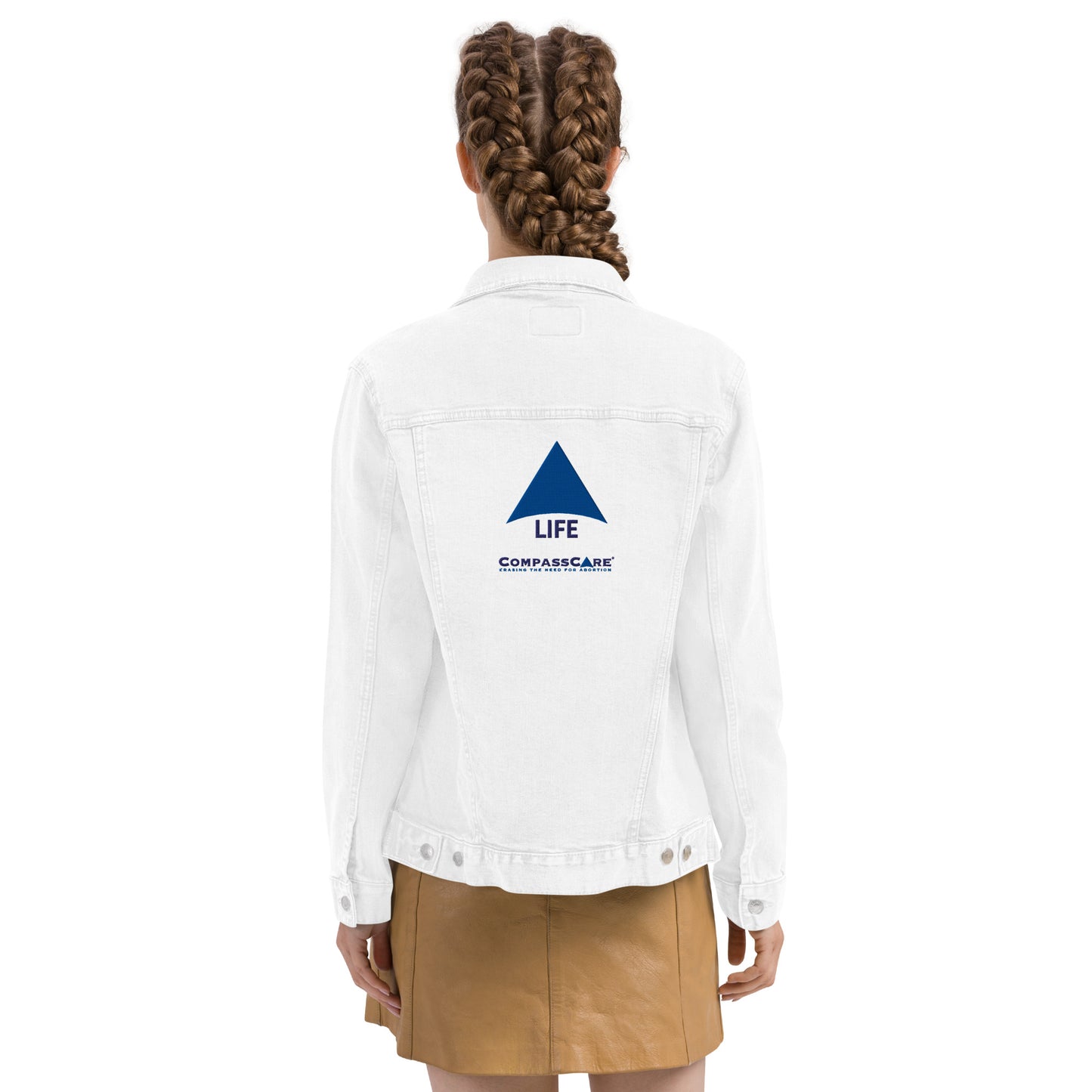 Pro-Life Unisex White Denim Jacket with CompassCare Logo.