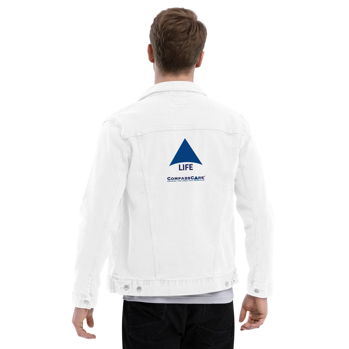 Pro-Life Unisex White Denim Jacket with CompassCare Logo.