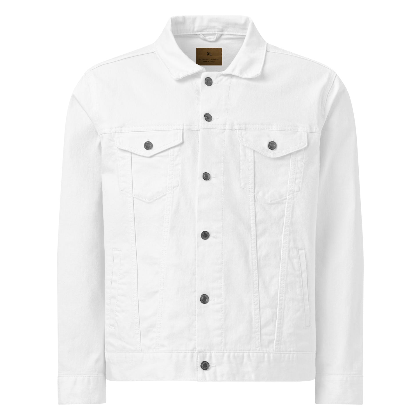 Pro-Life Unisex White Denim Jacket with CompassCare Logo.