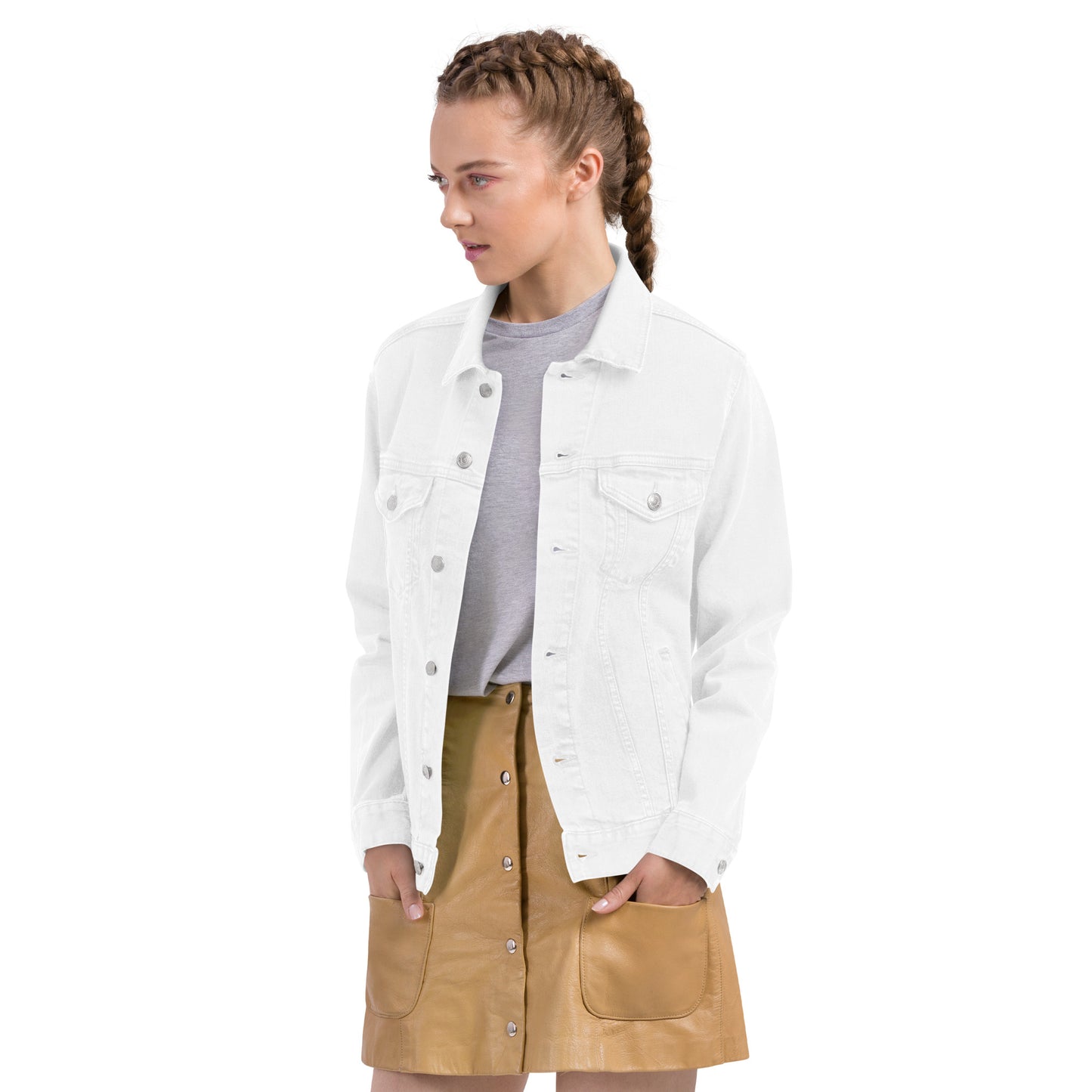 Pro-Life Unisex White Denim Jacket with CompassCare Logo.