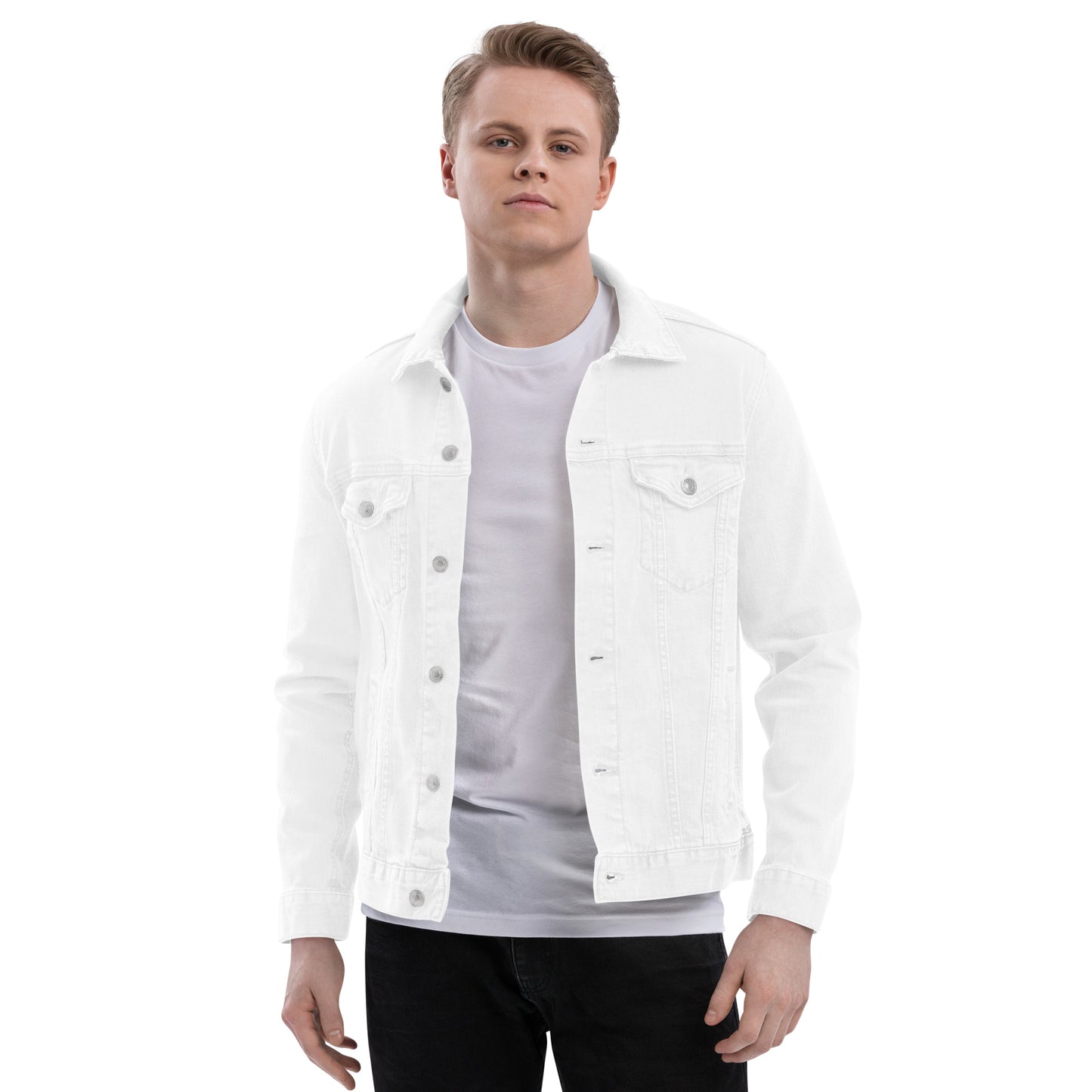 Pro-Life Unisex White Denim Jacket with CompassCare Logo.