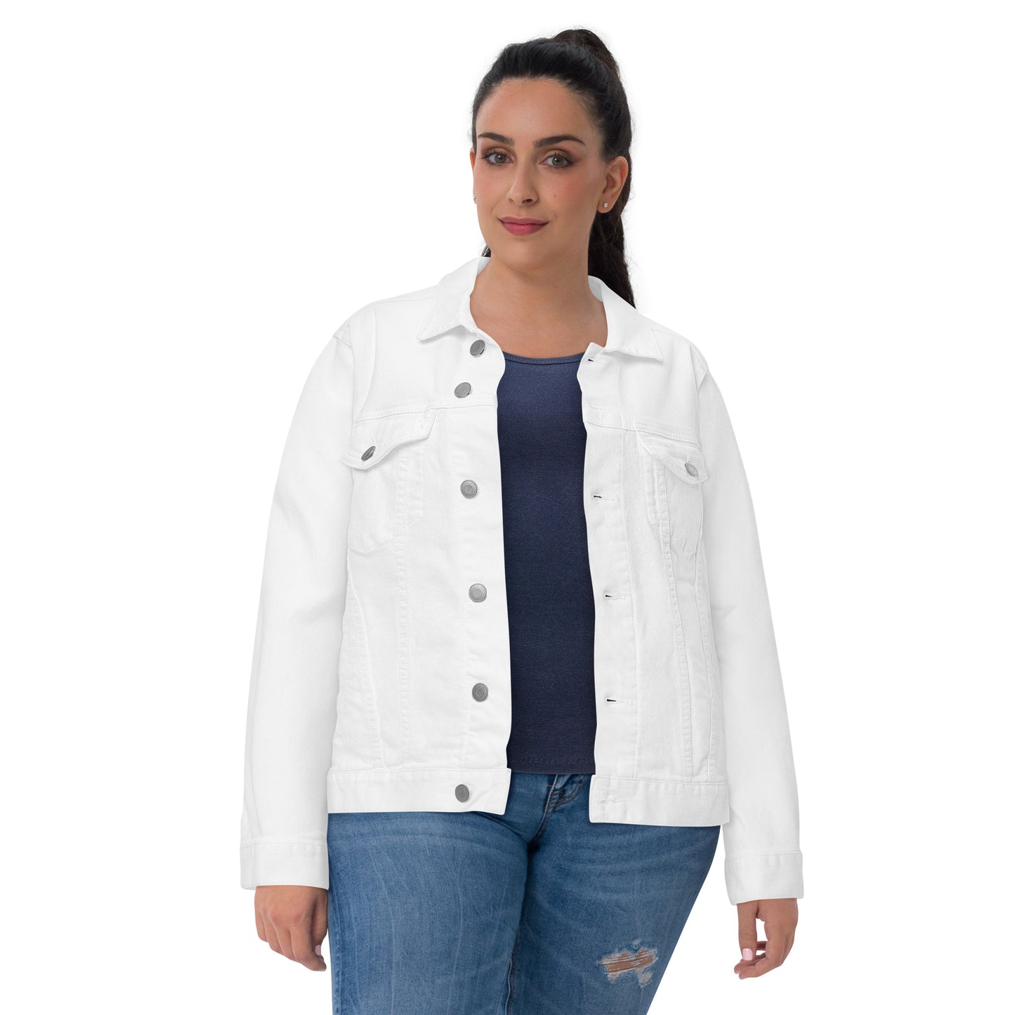 Pro-Life Unisex White Denim Jacket with CompassCare Logo.
