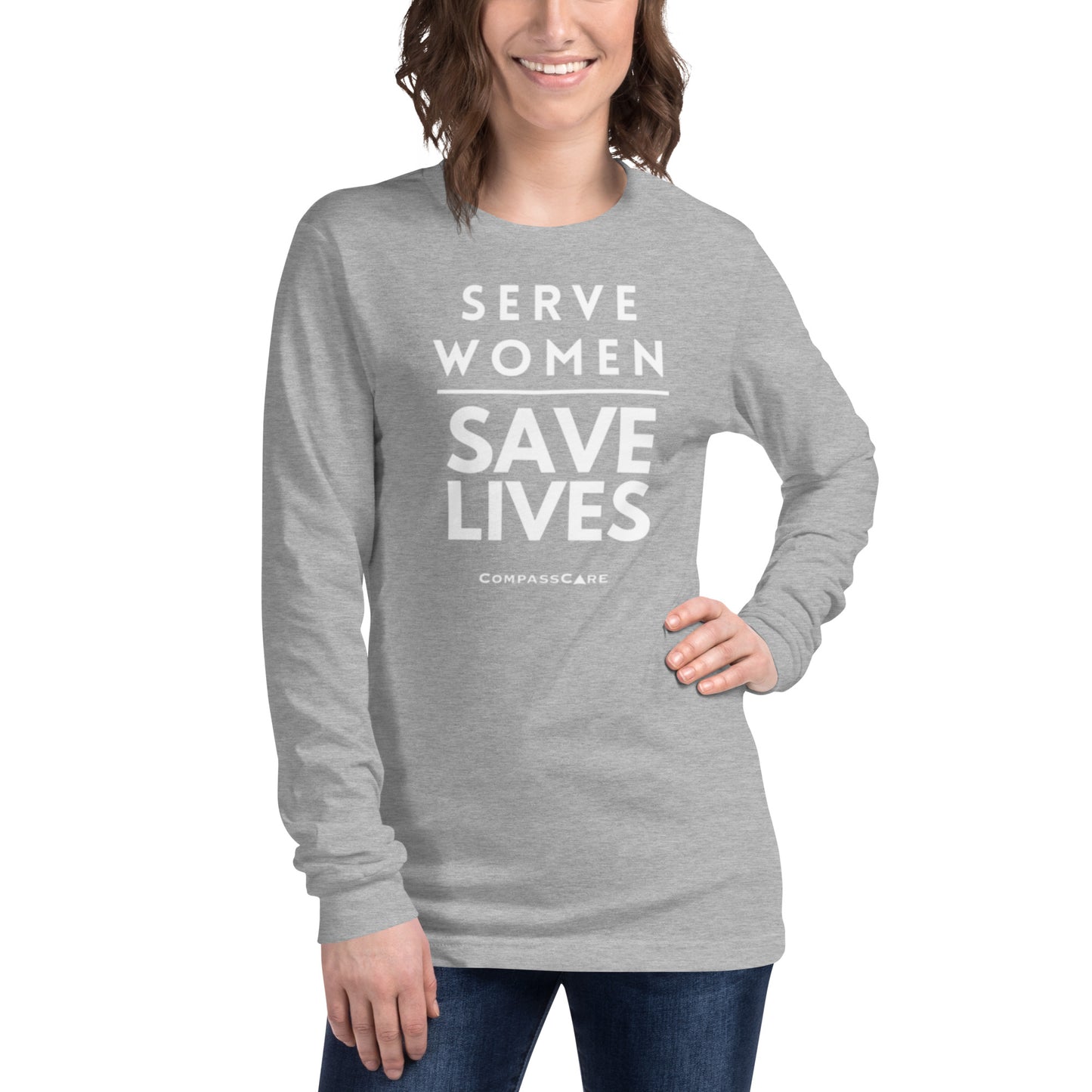 Serve Women. Save Lives. Long Sleeve t-shirt. (white letters)