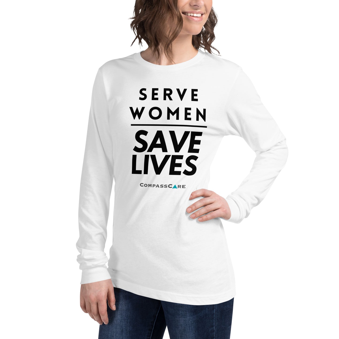 Serve Women. Save Lives. Long sleeve t-shirt (black letters)