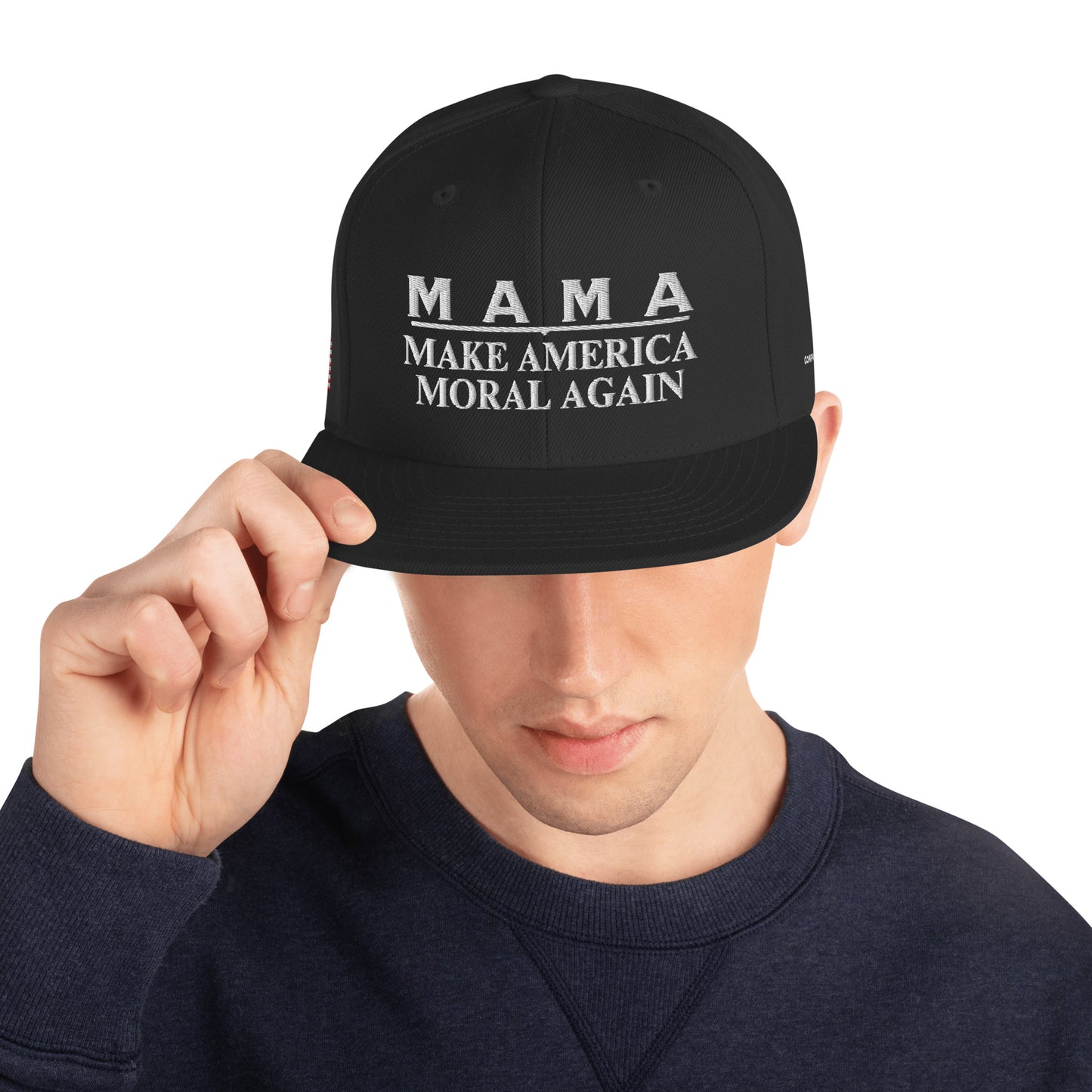 MAMA. Make America Moral Again w/American Flag, Flat Bill Cap (red)