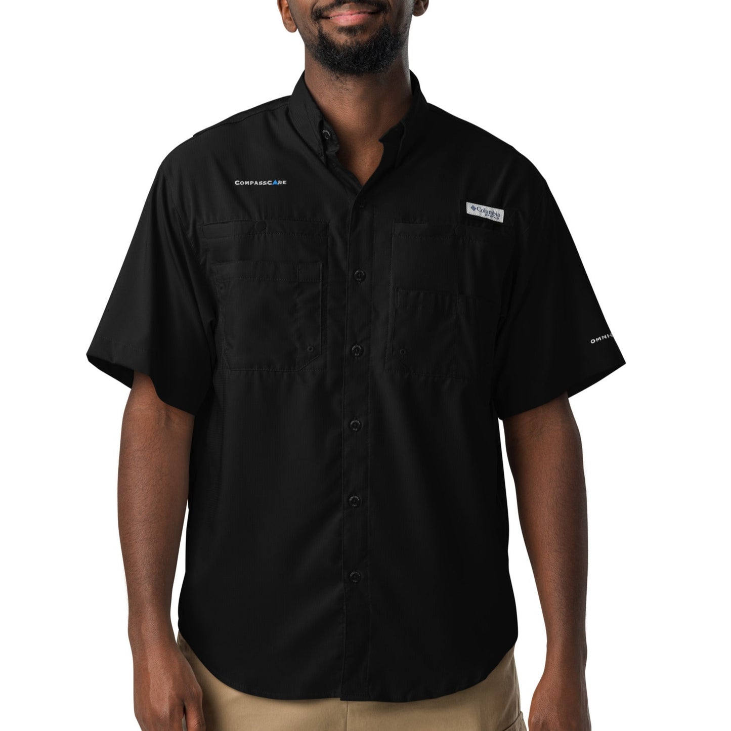 CompassCare Men’s Columbia short sleeve "Fishing" shirt - White Embroidered logo.