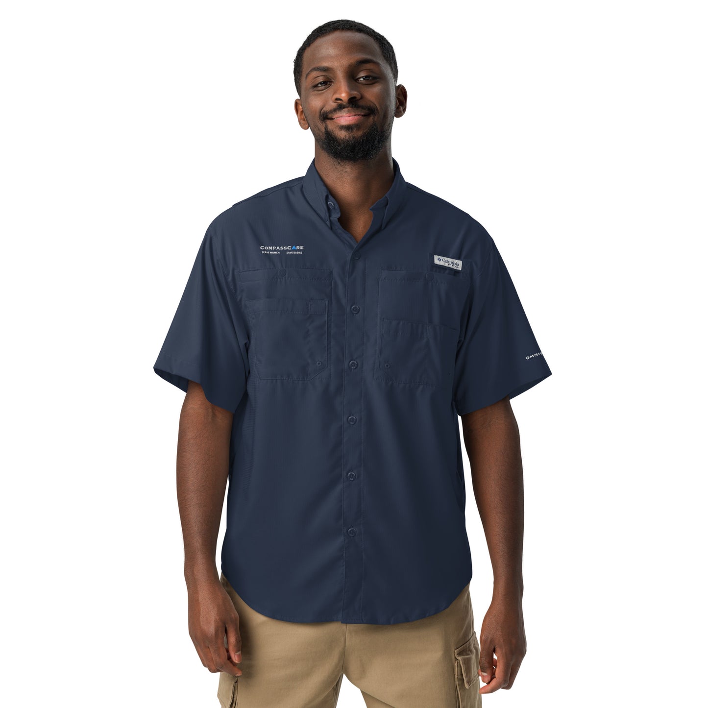 CompassCare Men’s Columbia short sleeve "Fishing" shirt - White Embroidered logo
