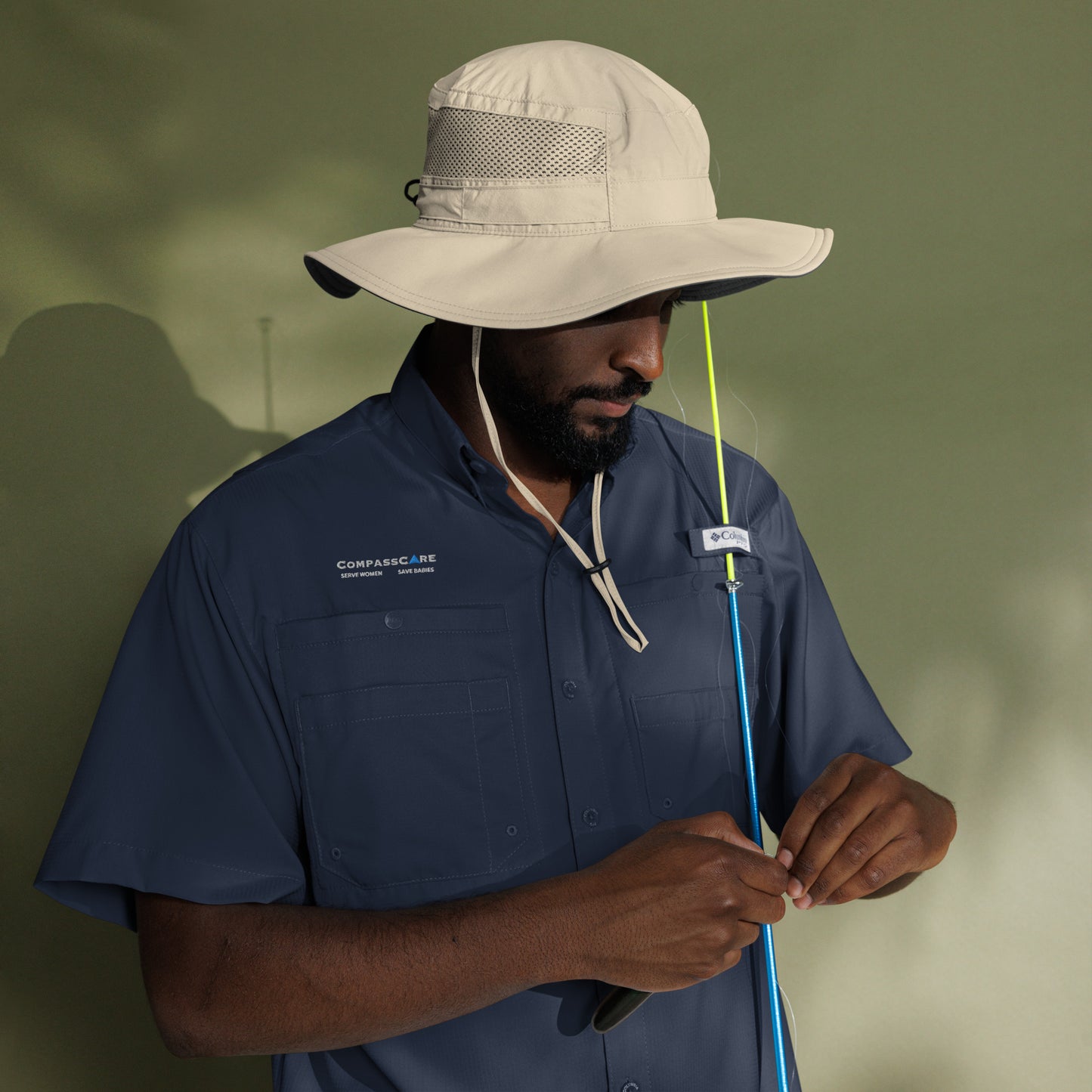CompassCare Men’s Columbia short sleeve "Fishing" shirt - White Embroidered logo