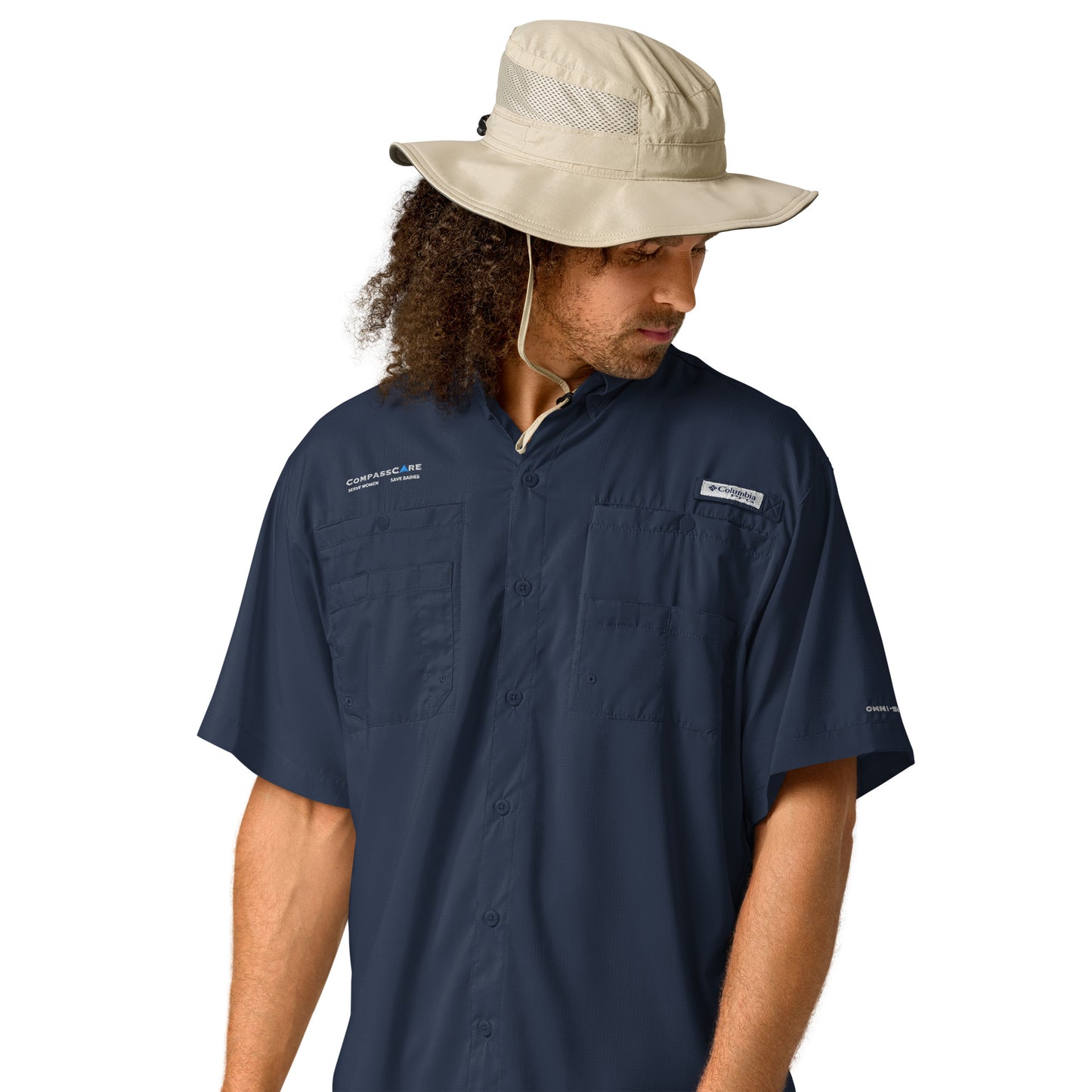 CompassCare Men’s Columbia short sleeve "Fishing" shirt - White Embroidered logo