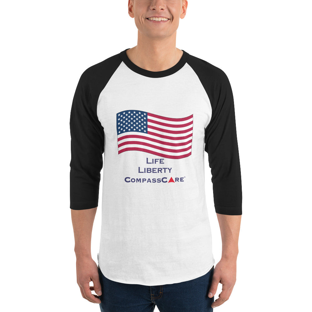 Celebrate America and CompassCare in this 3/4 sleeve raglan shirt