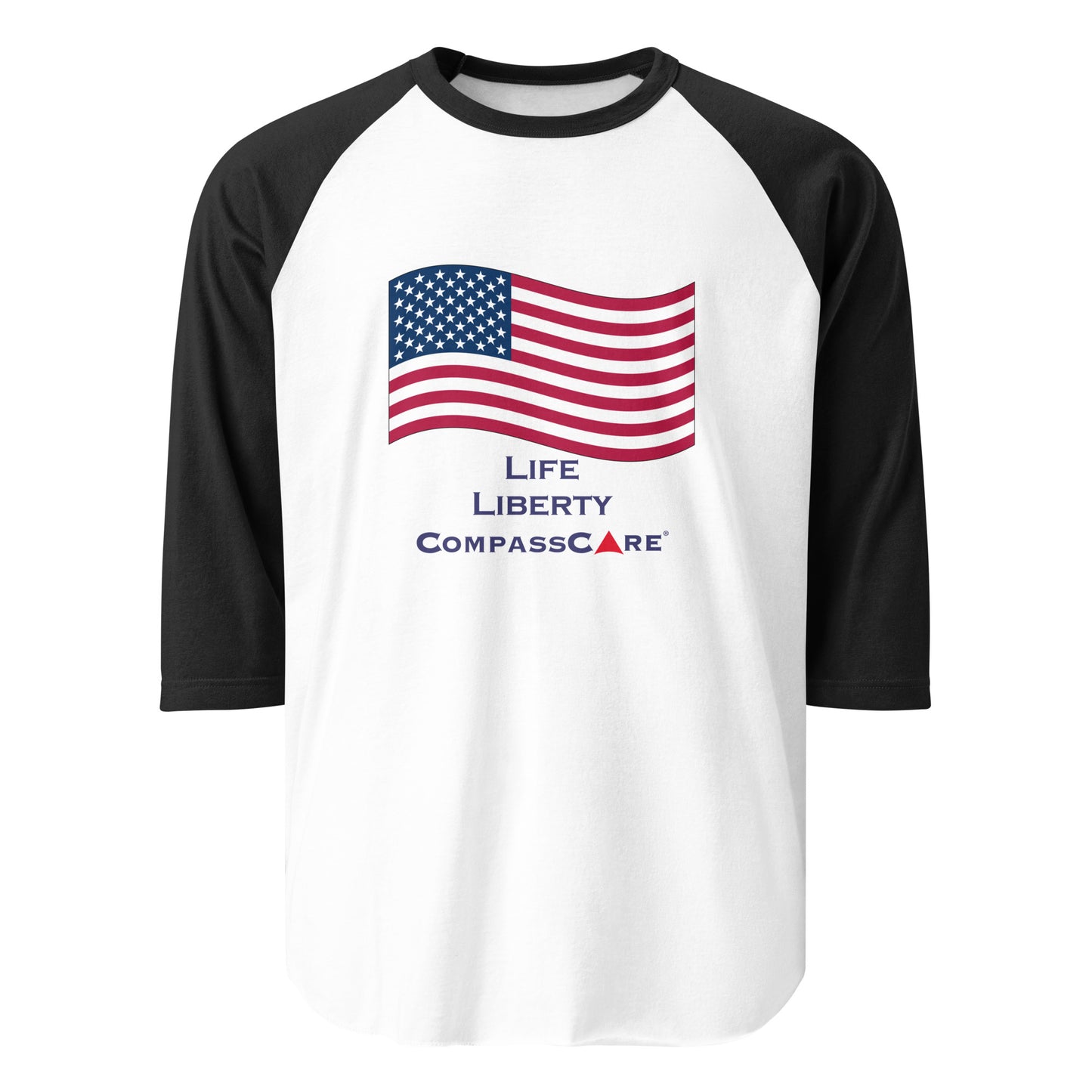 Celebrate America and CompassCare in this 3/4 sleeve raglan shirt