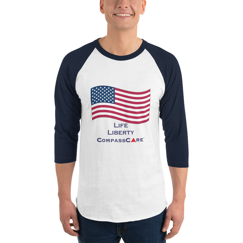 Celebrate America and CompassCare in this 3/4 sleeve raglan shirt