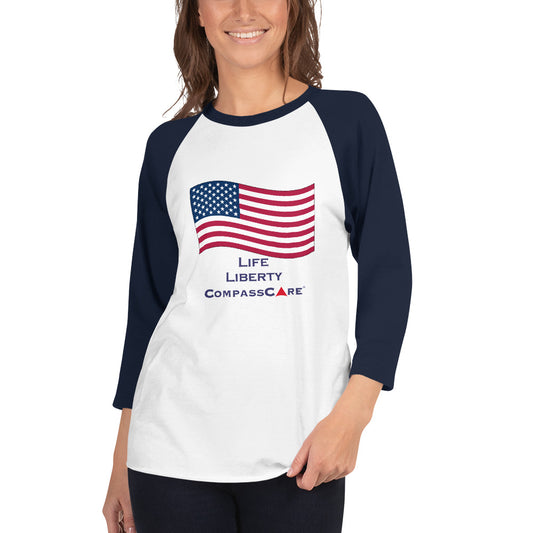 Celebrate America and CompassCare in this 3/4 sleeve raglan shirt