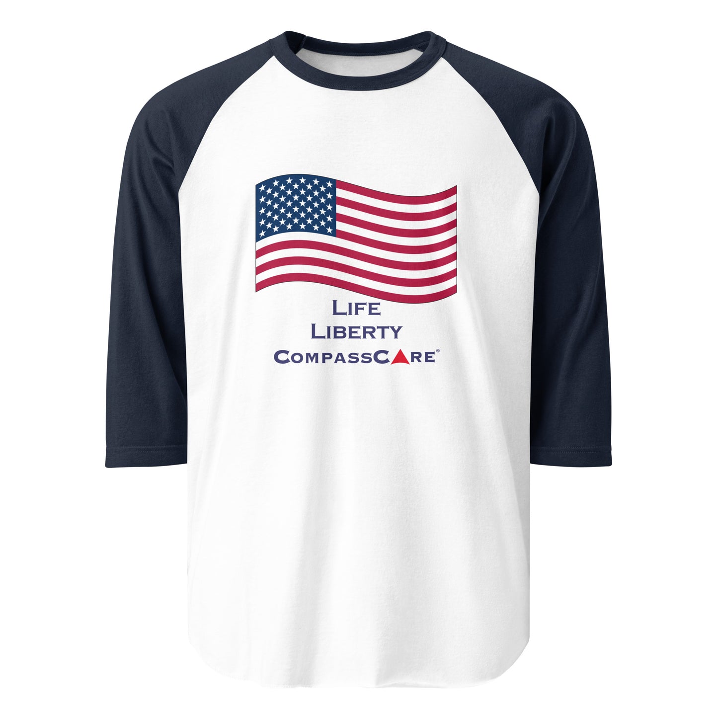 Celebrate America and CompassCare in this 3/4 sleeve raglan shirt