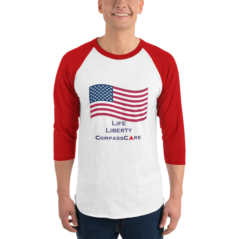 Celebrate America and CompassCare in this 3/4 sleeve raglan shirt