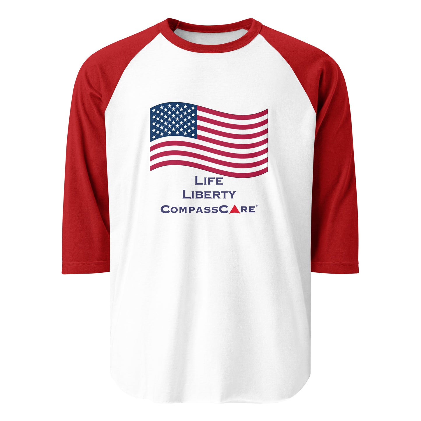 Celebrate America and CompassCare in this 3/4 sleeve raglan shirt
