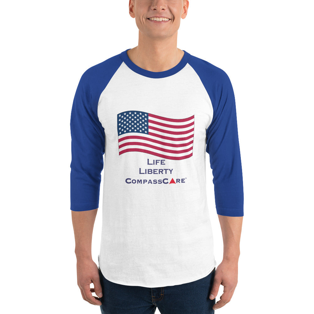 Celebrate America and CompassCare in this 3/4 sleeve raglan shirt