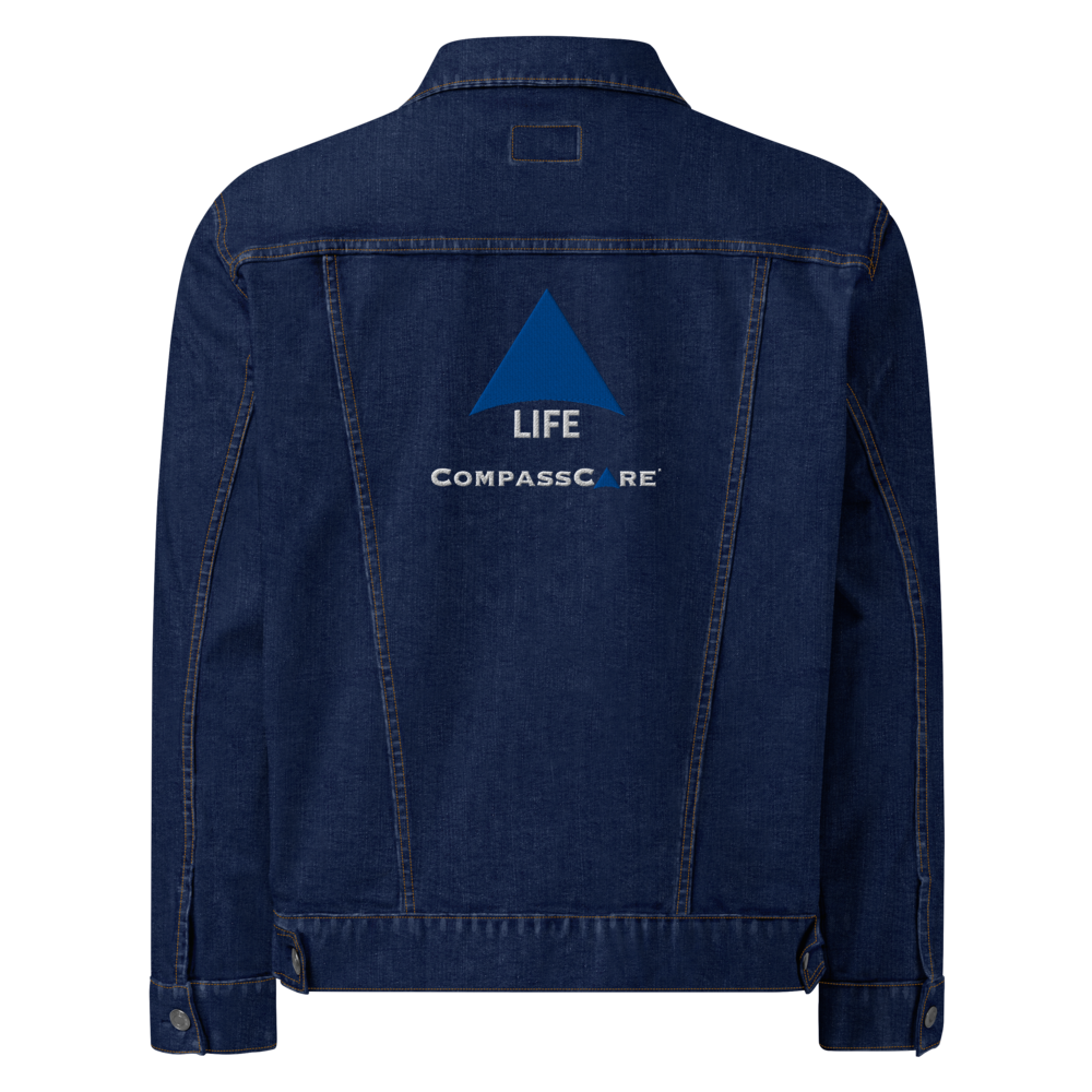 Pro-Life Unisex Denim Jacket with CompassCare Logo.