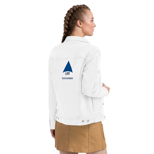 Pro-Life Unisex White Denim Jacket with CompassCare Logo.