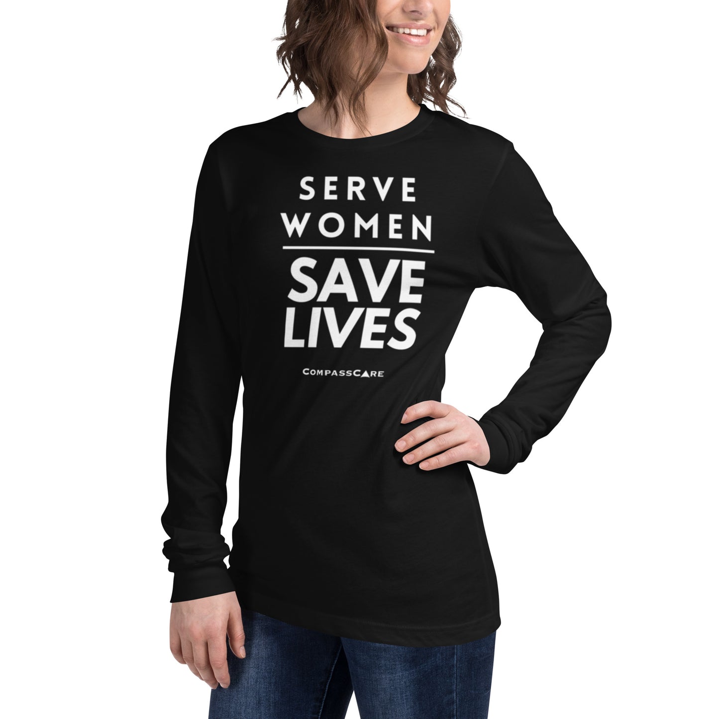 Serve Women. Save Lives. Long Sleeve t-shirt. (white letters)