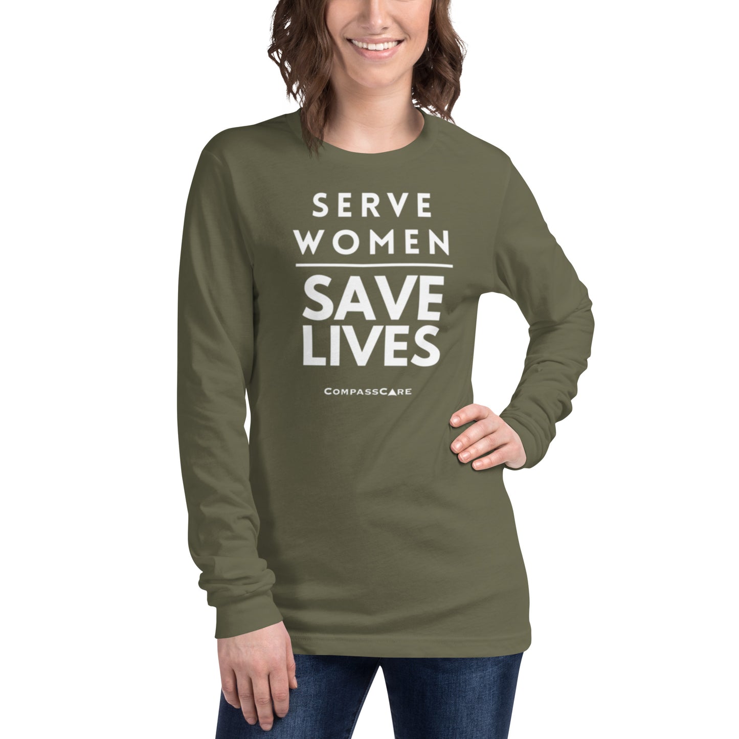 Serve Women. Save Lives. Long Sleeve t-shirt. (white letters)