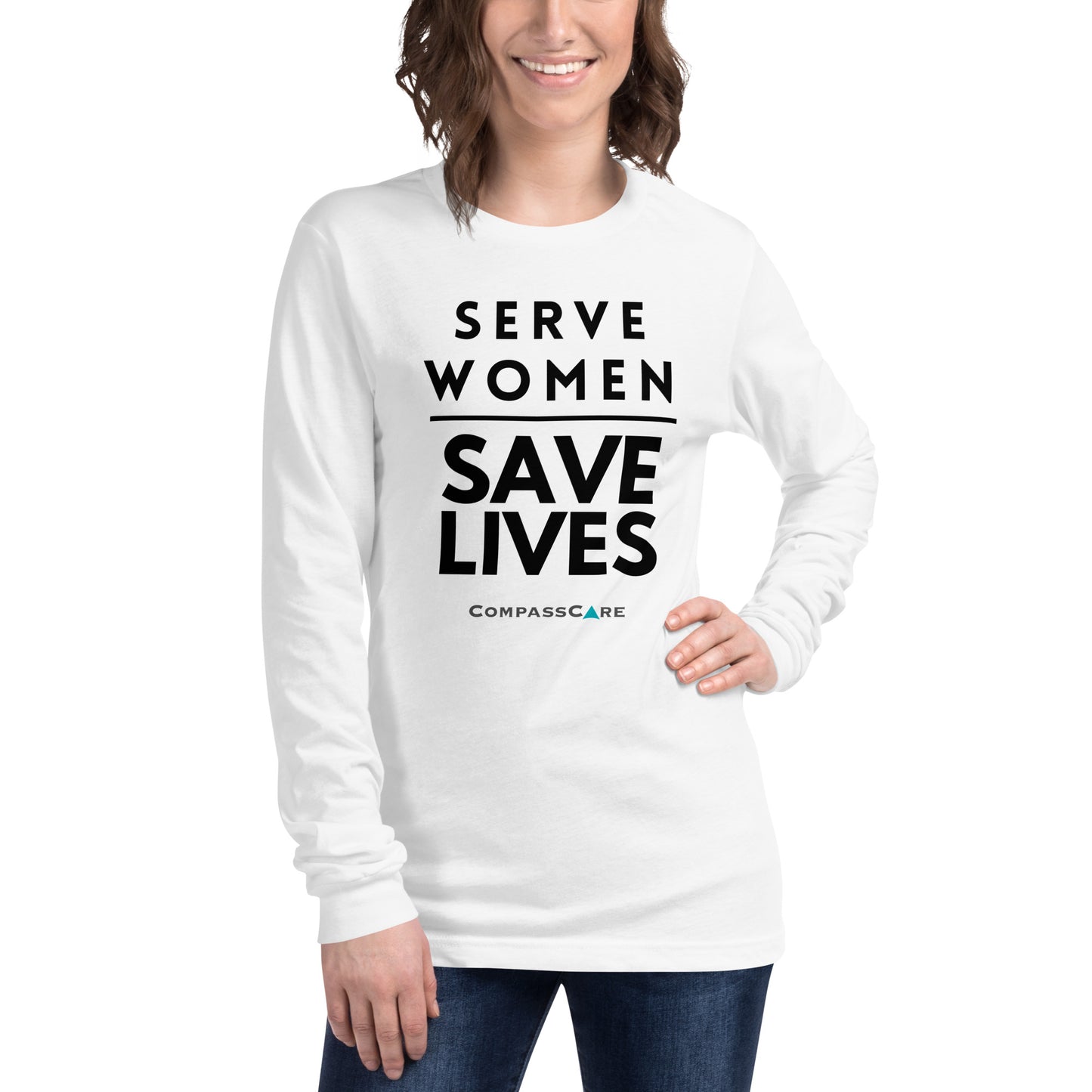 Serve Women. Save Lives. Long sleeve t-shirt (black letters)